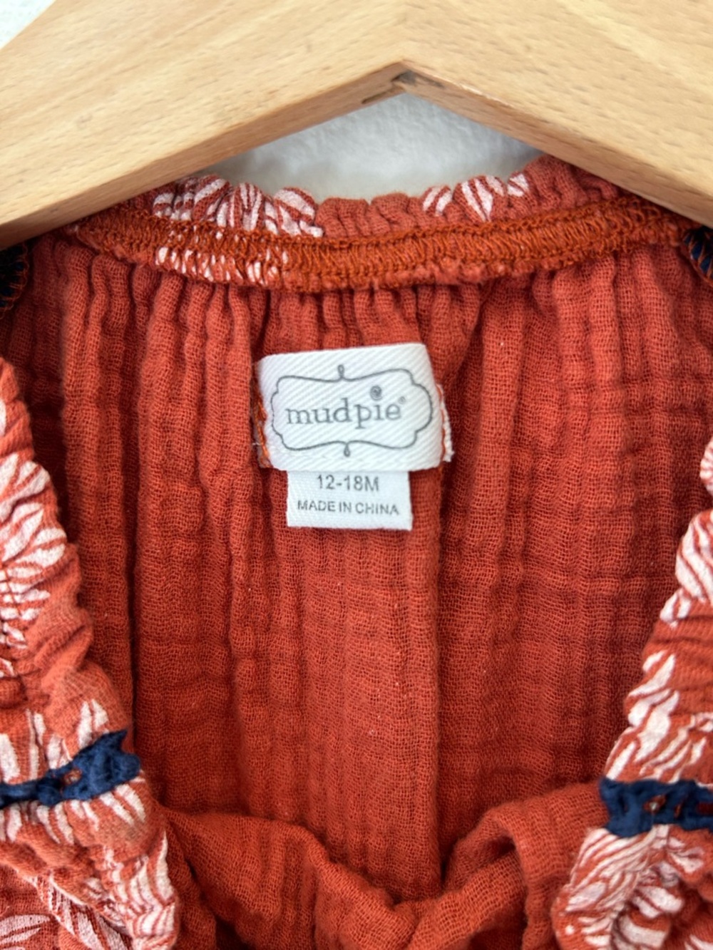 Mud Pie 12–18M Floral Cotton Gauze Dress Rust Navy Tassel Tie Long Sleeve - Picture 3 of 5
